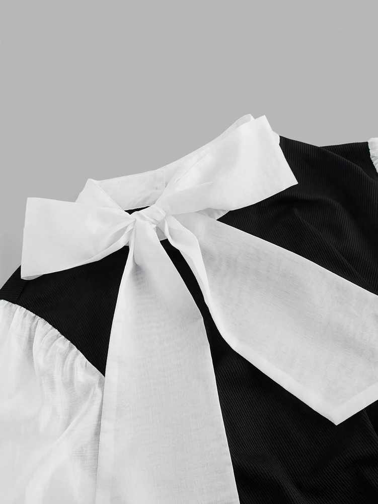 Plus Size Damen Elegant Kontrast Fliege Langarm A-Linie Büroarbeit Hemd Business Rosa Schwarz Braun Am besten für den Frühling – Detail 10