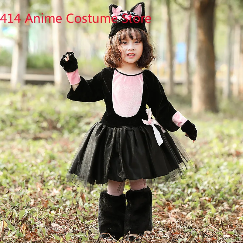 Kids Child Cute Pink Black Cat Kitty Costume Cosplay Fantasia Halloween Costumes for Girls Art Photography Dress