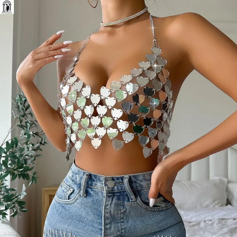 Lady's Silver Heart-shaped Sequined Chain Sexy Tank Top A Shiny Metallic Open-back Top Suitable for Parties Festivals Nightclubs