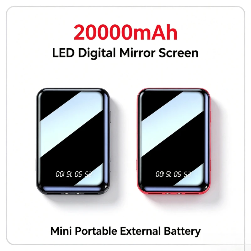 Power Bank 20000mAh Mini Portable Charger, LED Digital Mirror Screen External Battery Powerbank for iPhone Xiaomi Huawei Samsung