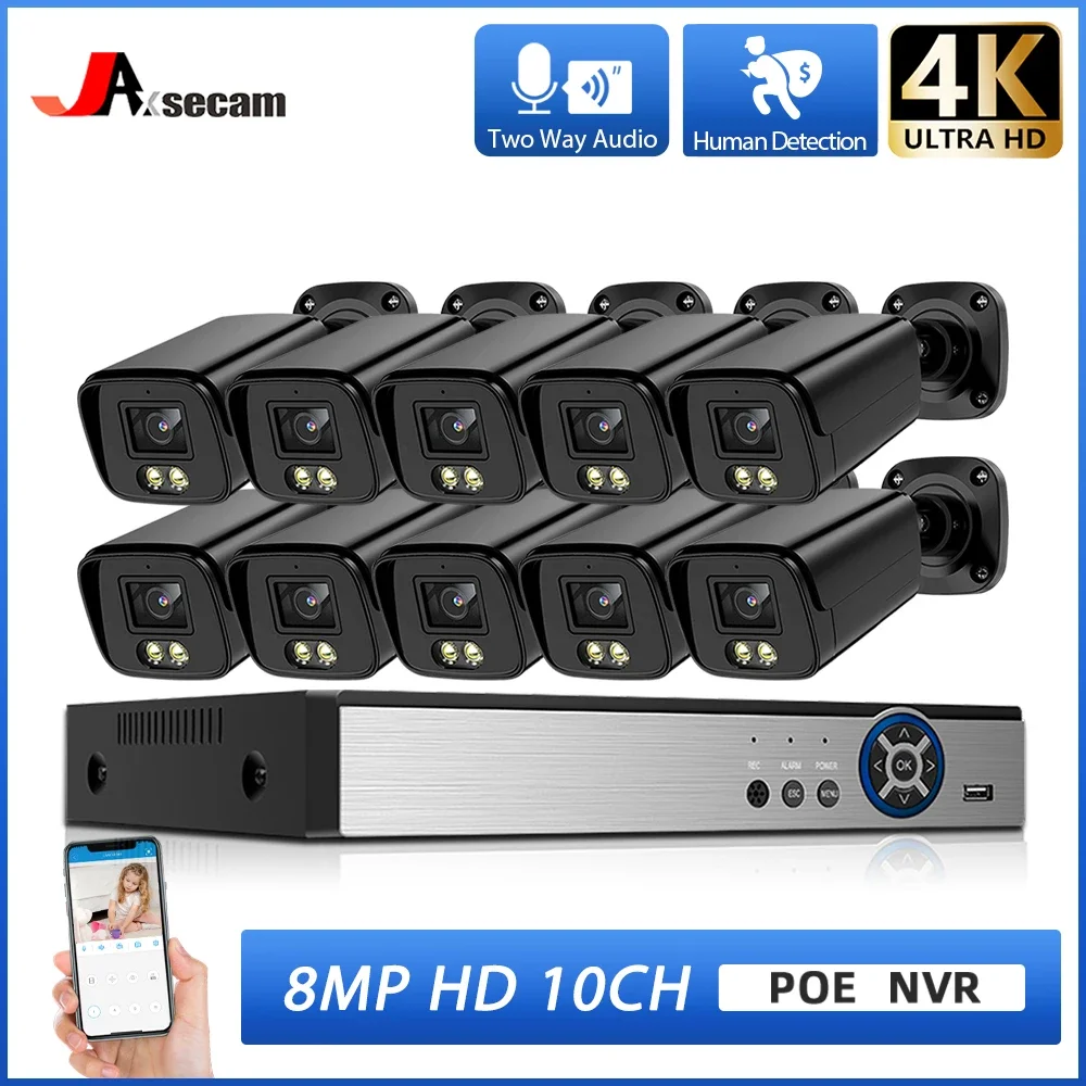 4K 10CH POE Security Camera System 8MP Humanoid Detection Two Way Audio CCTV Camera Street System P2P Video 8CH Surveillance Kit