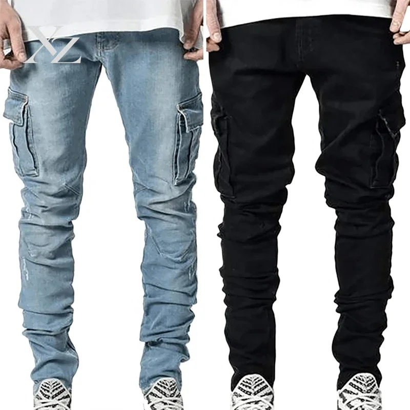 Men Cargo Denim Pants Men's Fahsion Elastic Slim Fit Jeans Solid Color Multi Pockets Casual Skinny Male Trousers mens clothing