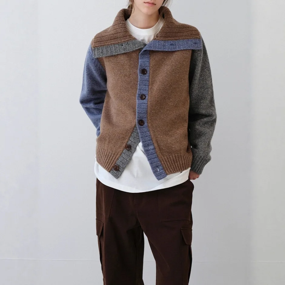 

Шерстяной свитер Mondal с цветными вставками, корейский стиль, женский, с воротником-стойкой, на одной пуговице, вязаный