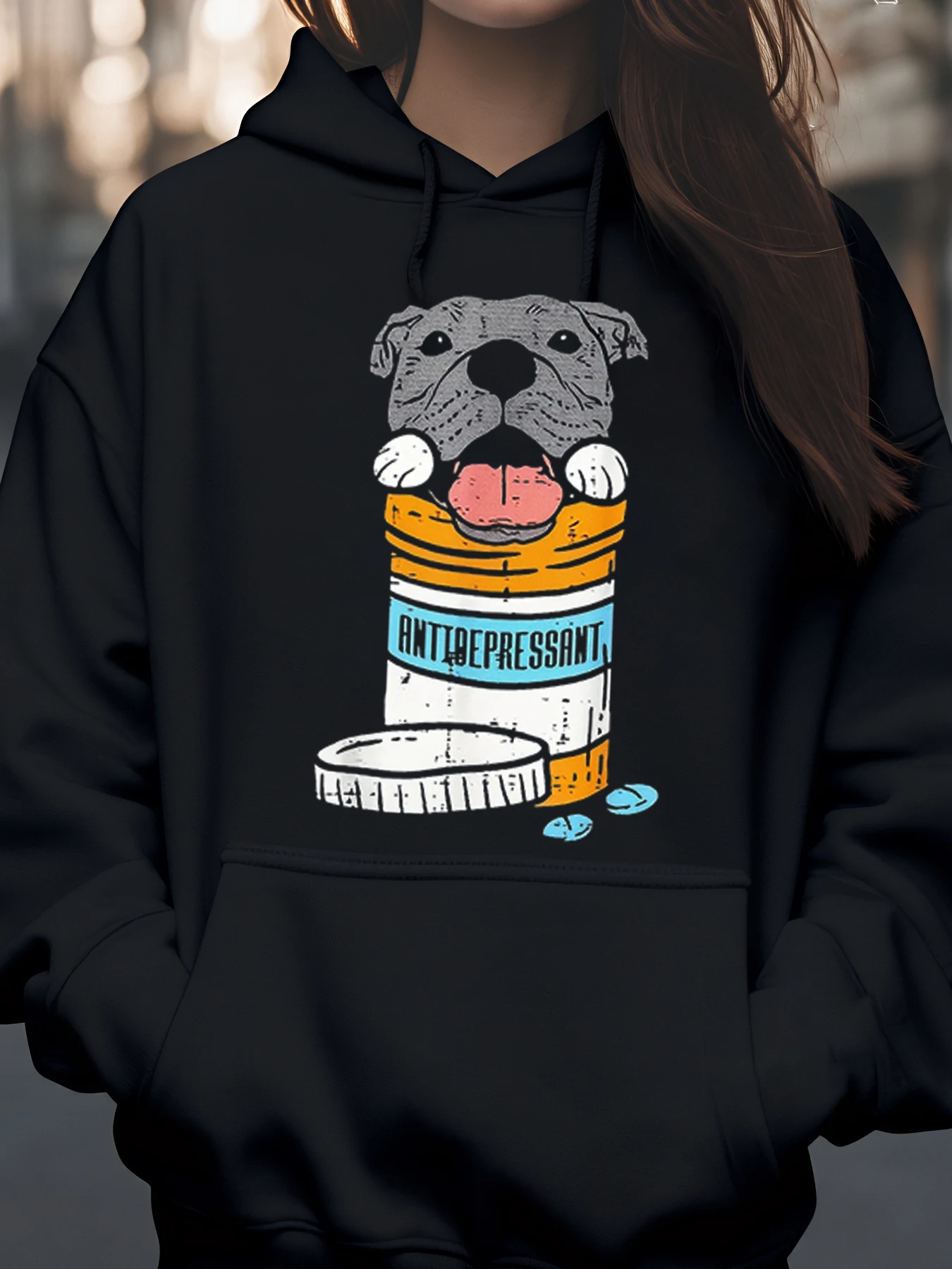 Pitbull Antidépressant Bouteille de Pilule Imprimé Sweat à Capuche Halloween Tenue Décontracté Unisexe