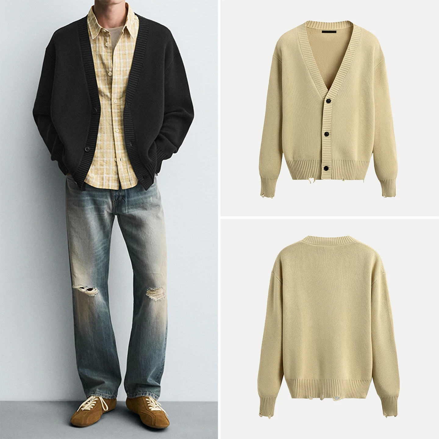 

Loose Long Sve V-Ne Men's Knitwear Faionable Personali Hole Design Open Cardigan Breathable Comfortable Casual Wear