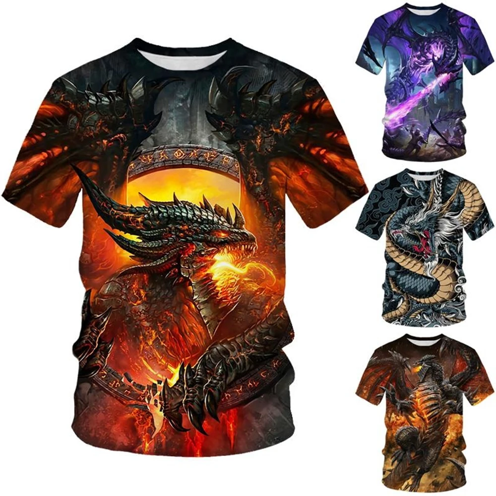 Summer New Printed Fire Dragon 3D Print T-Shirt, Men/Women Casual Summer Short Sleeve Tops, Fantasy Creature Streetwear Tee