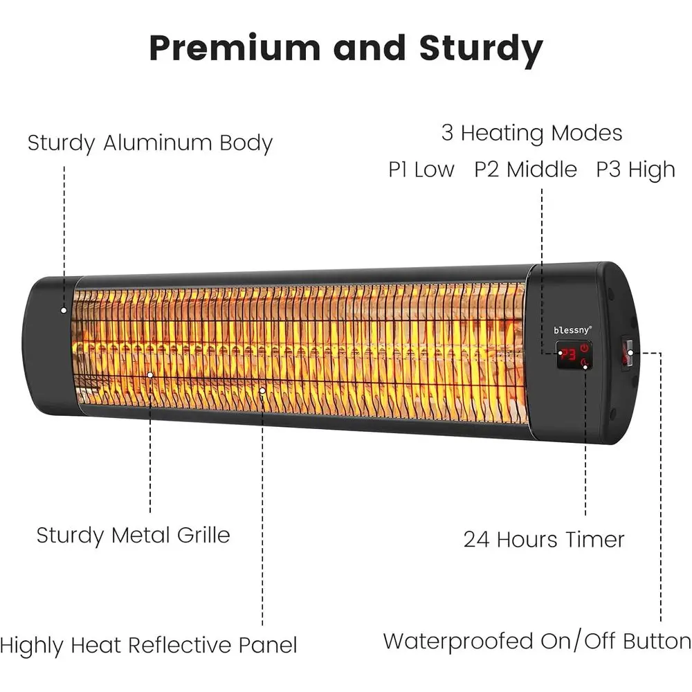 1500W 壁掛け赤外線パティオヒーター、24時間タイマーとリモコン付き、ガレージ、作業場、温室に最適、IP65 W