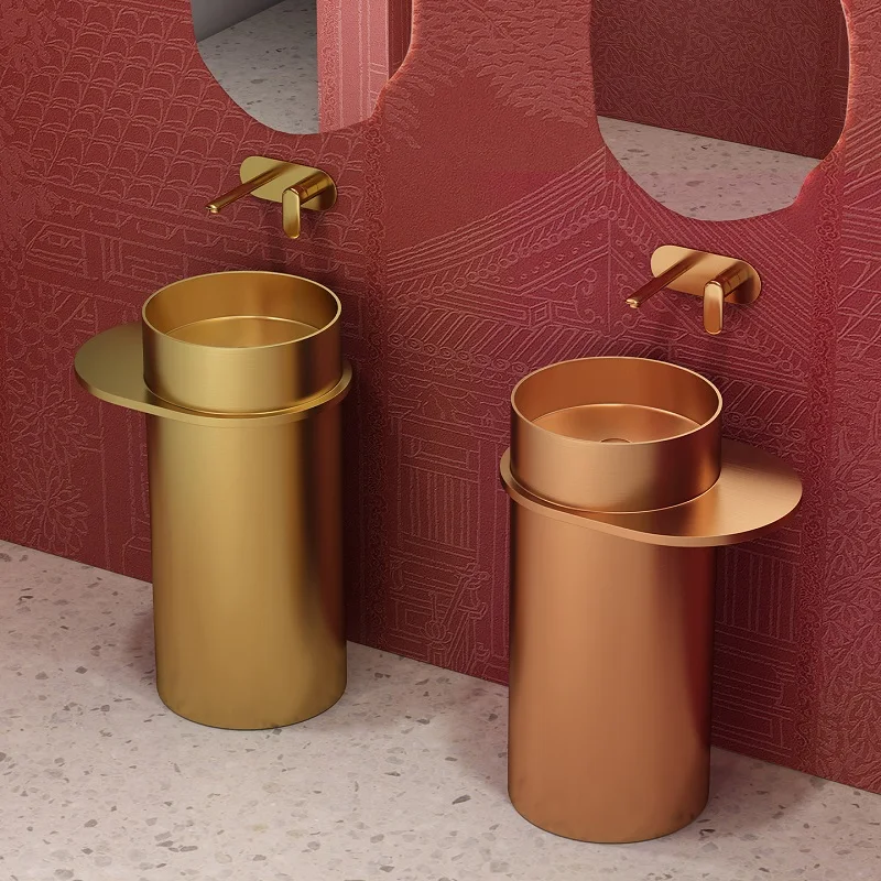 

Высококачественная круглая отдельно стоящая раковина из нержавеющей стали 304, матовая отделка розового золота, раковина для ванной комнаты, умывальник с полкой для хранения