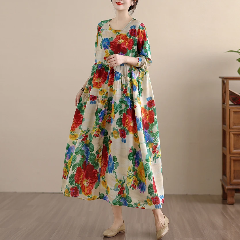 กระโปรงทรงเอผ้าลินินผสมคอตตอนพิมพ์ลายดอกไม้เอวสูงสำหรับผู้หญิง สไตล์ลำลอง ใส่สบาย เหมาะสำหรับฤดูใบไม้ผลิและฤดูใบไม้ร่วง ช่วยพรางหุ่น ใส่ไปทำงานได้