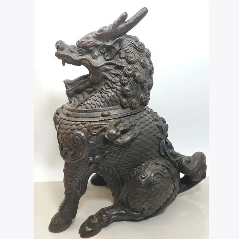 Unique Chinese Bronze God Beast Kylin Statue Fengshui Incense Burner Ornament