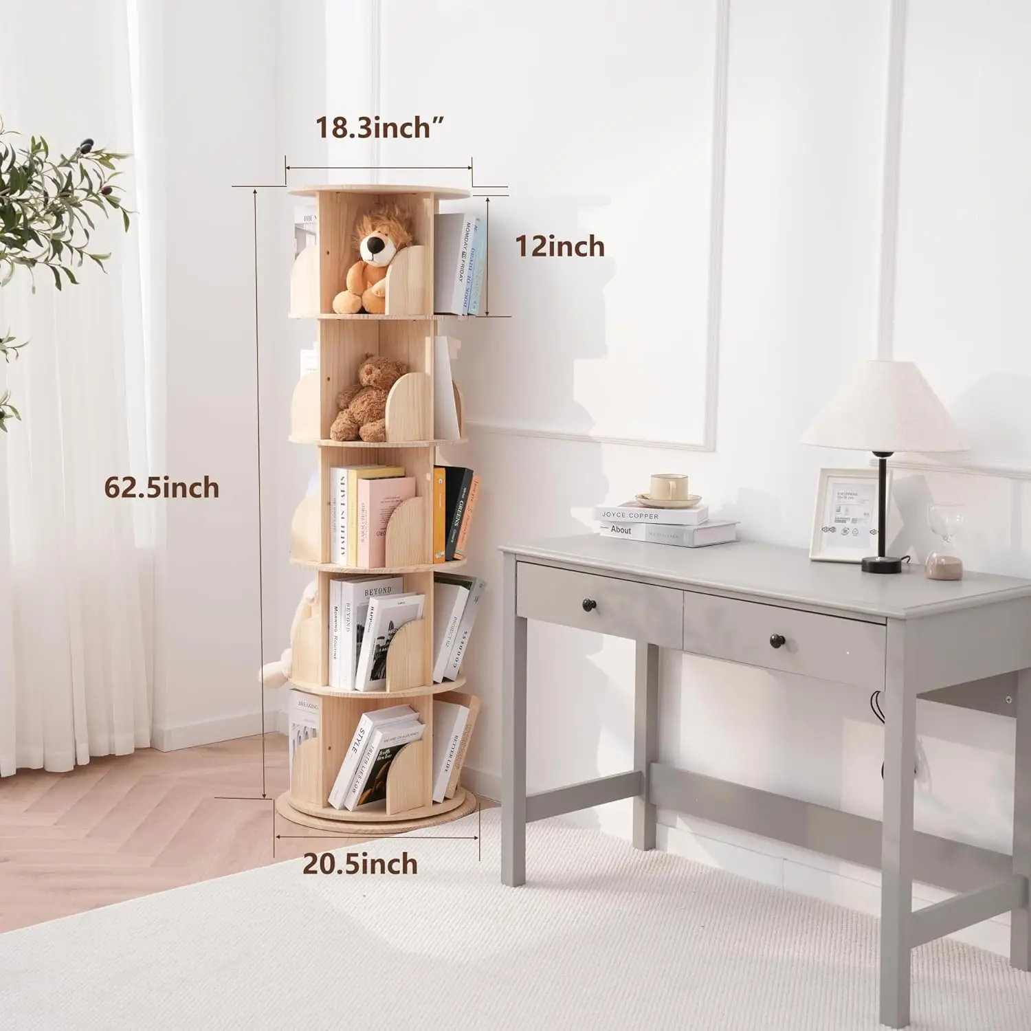 رف كتب دوار 5 طبقات، 360 درجة °   خزانة كتب أرضية، منظم من الخشب الصلب لغرفة الأطفال، غرفة المعيشة، غرفة النوم