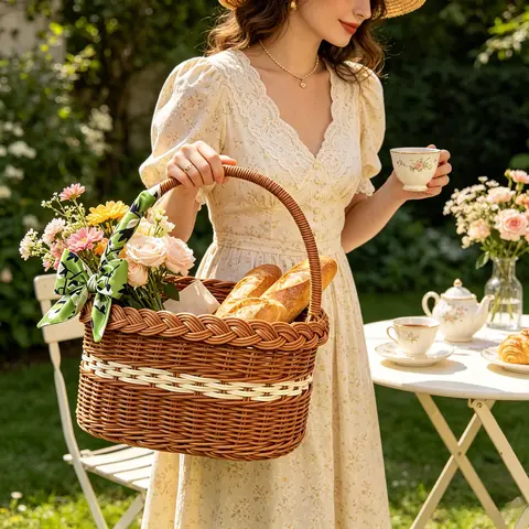 Handwoven Imitation Rattan Picnic Basket with Handle Portable Storage Basket for Outdoor Picnic Grocery Shopping Home Decoration