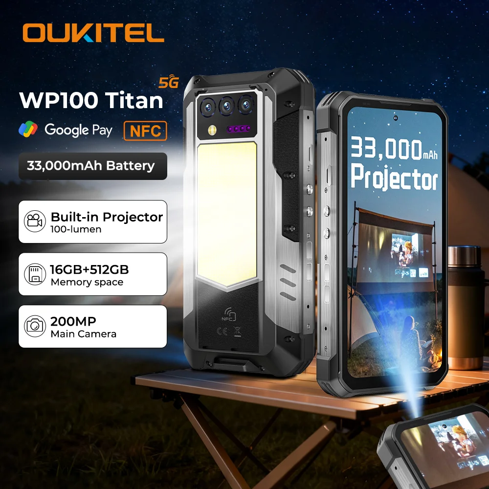 Oukitel WP100 Titan Rugged Phone 33000mAh 66W Charger 200MP Camera Built-in Projector Camping Light CellPhone, NFC 5G Smartphone