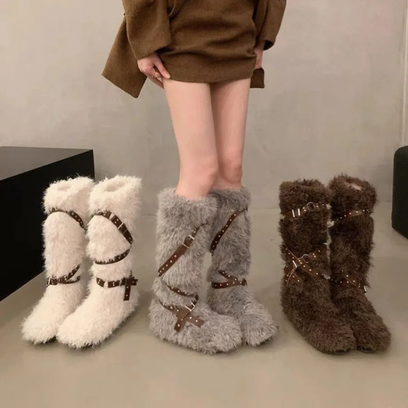 

Winter Boots Women Faux Fur Snow Boots Warm Platform Long Boots Cute Plush Over Knee High Boots Girls Outdoor Furry Shoes New
