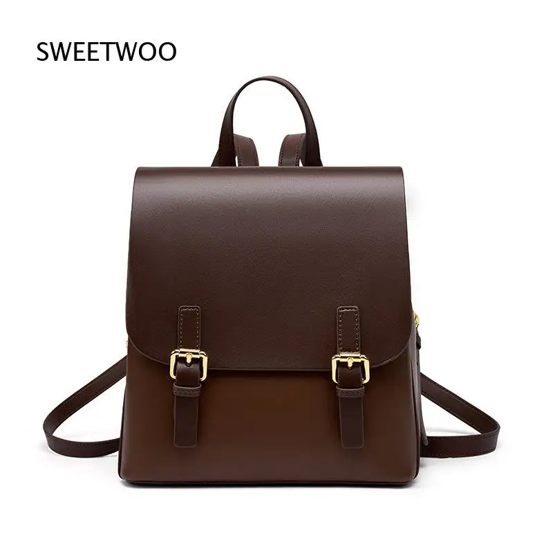 Beige Brown Color Block Faux Leather Flap Backpack Gold Buckle Vintage Casual Commute Daypack For Women
