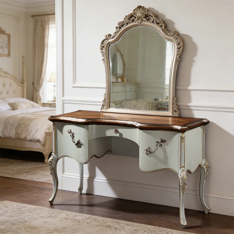 ！@European Aesthetics Classical Antique Hand-Carving Mirror Vanity Dressing Table Birch Solid Wood Dresser for Bedroom