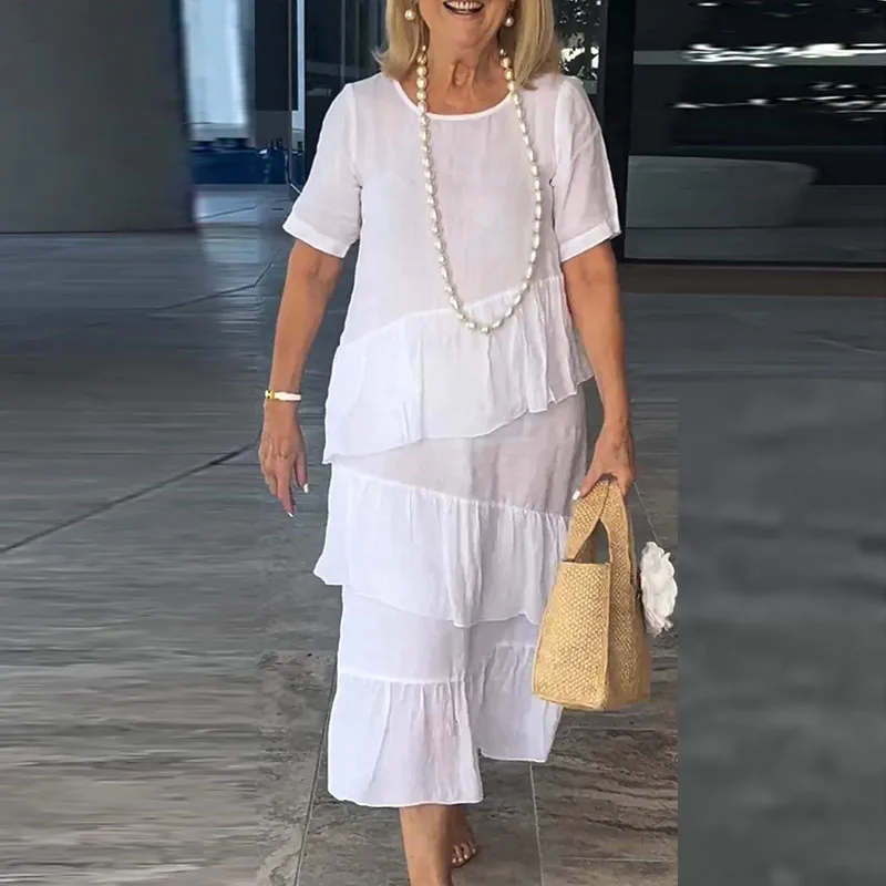 Spring Summer Solid Cotton and Linen Dress Women Casual Round Neck Ruffles Long Dress Femme Short Sleeve A-Line Pullovers Dress