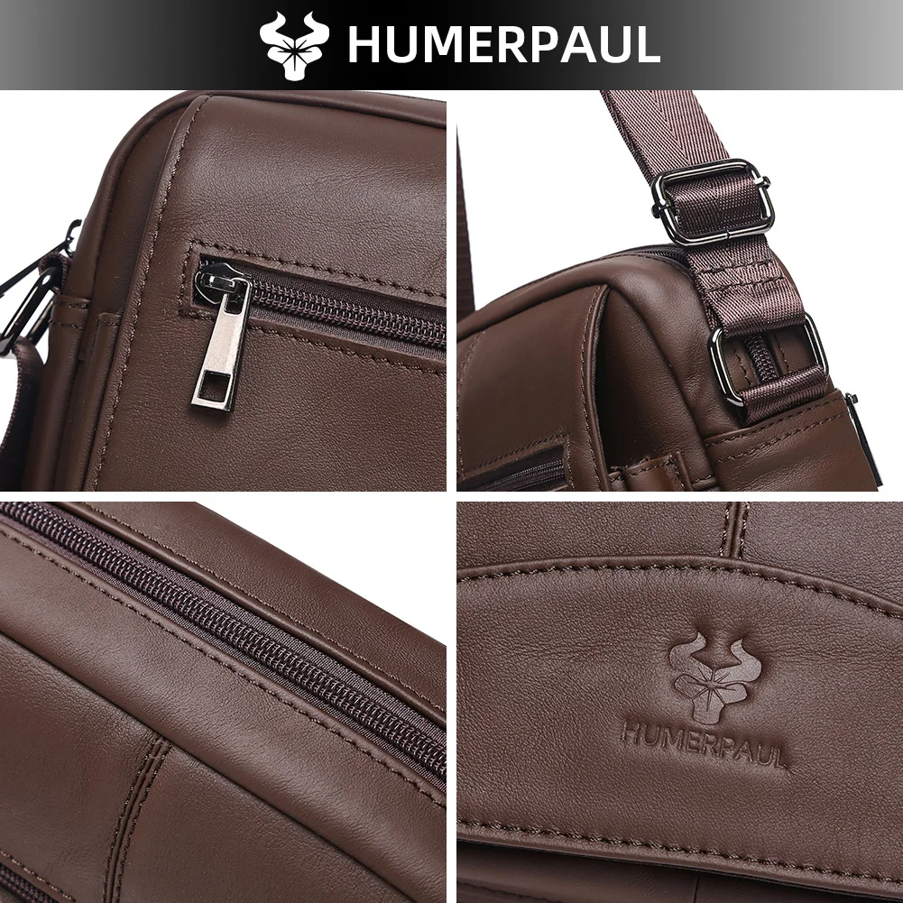 حقيبة كتف للرجال من الجلد الطبيعي من HUMERPAUL كاجوال بحزام قابل للتعديل مع جيب للهاتف والسفر التجاري