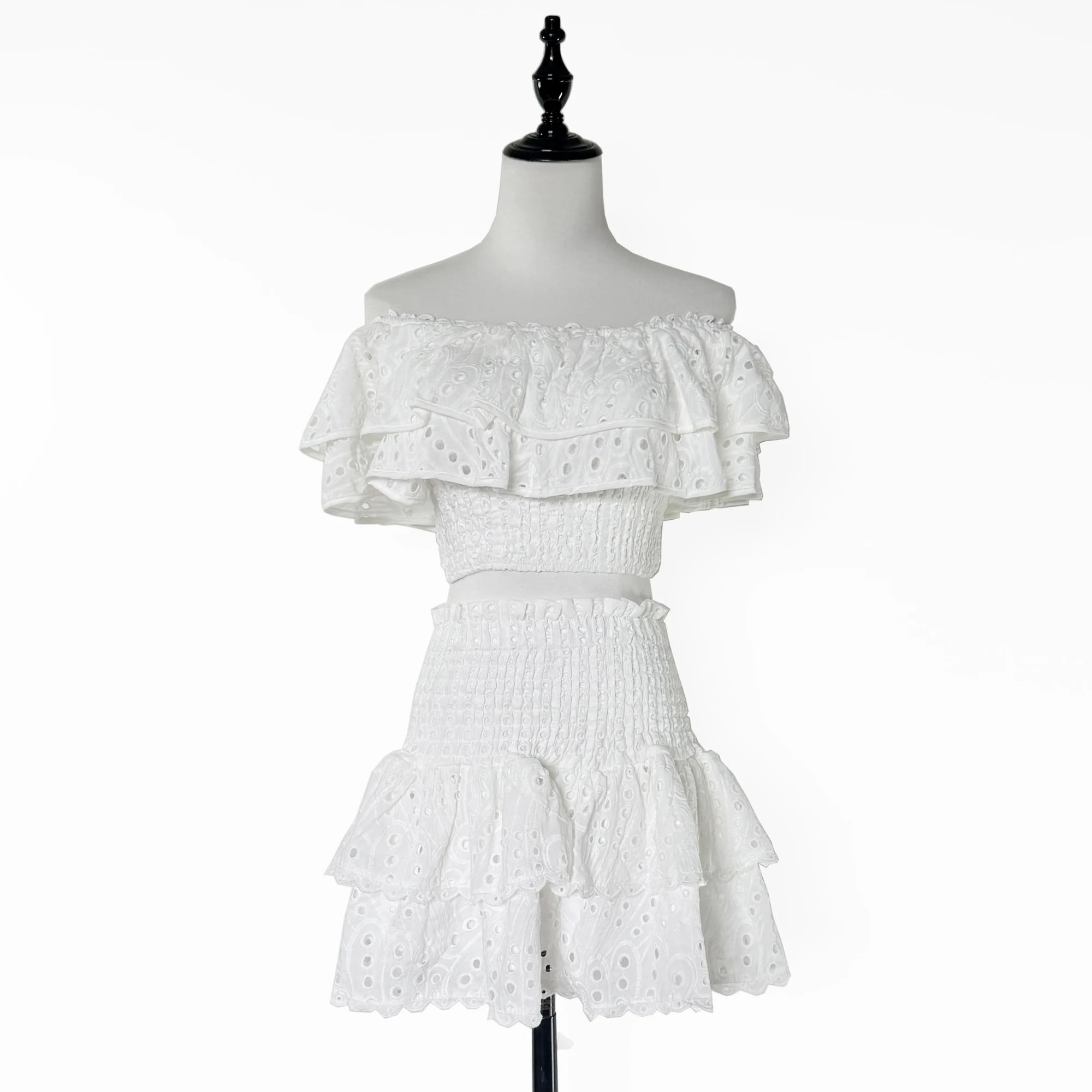 Beach Floral Two Pieces Set For Women Summer Cotton Embroidery Sexy Slash Neck Ruffles Crop Tops + A-Line Mini Skirts Suits