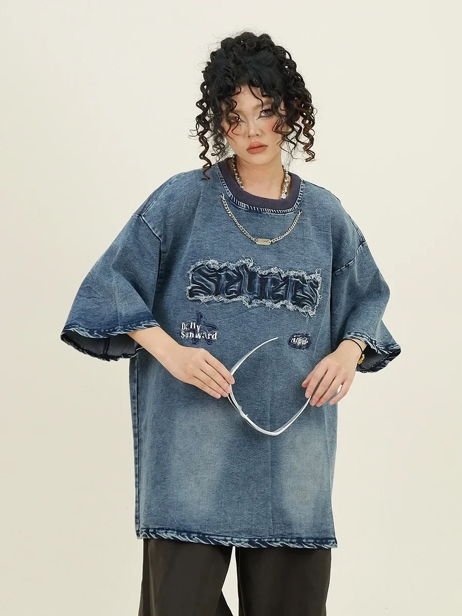 Letter Embroidered Denim Short-sleeved T-shirts 2024 Summer New Loose Bf American Street Top Women