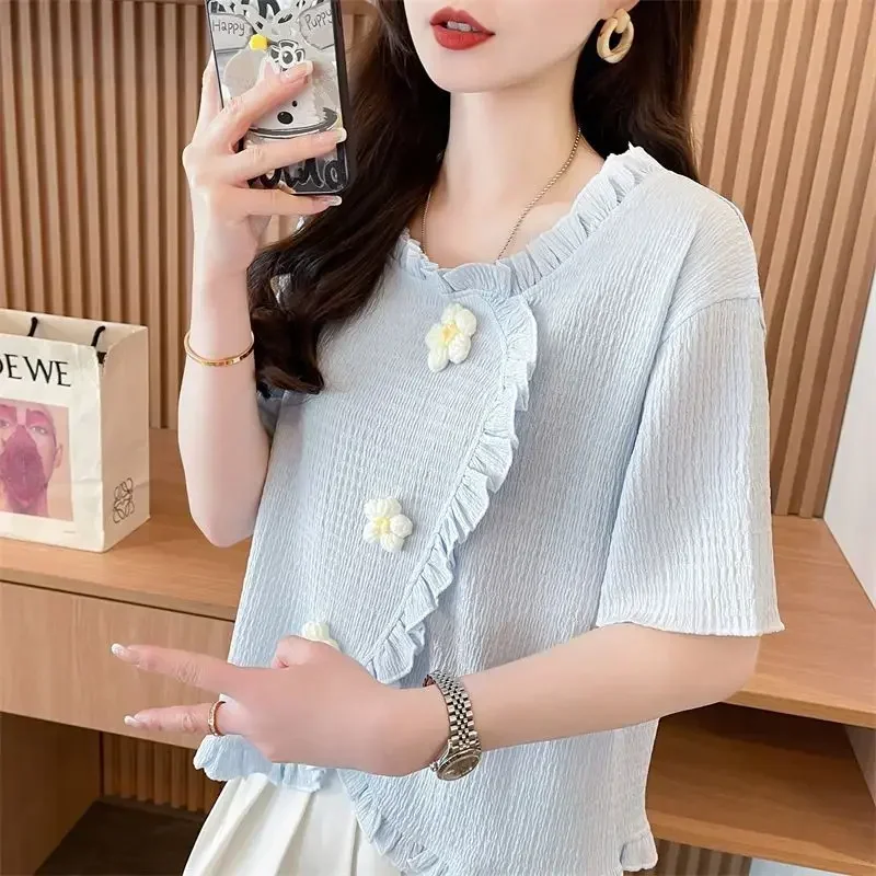 스타일리시한 플로럴 라운드넥 셔츠 여름 입체 여성 의류 솔리드 컬러 캐주얼 루즈 식용 버섯 블라우스