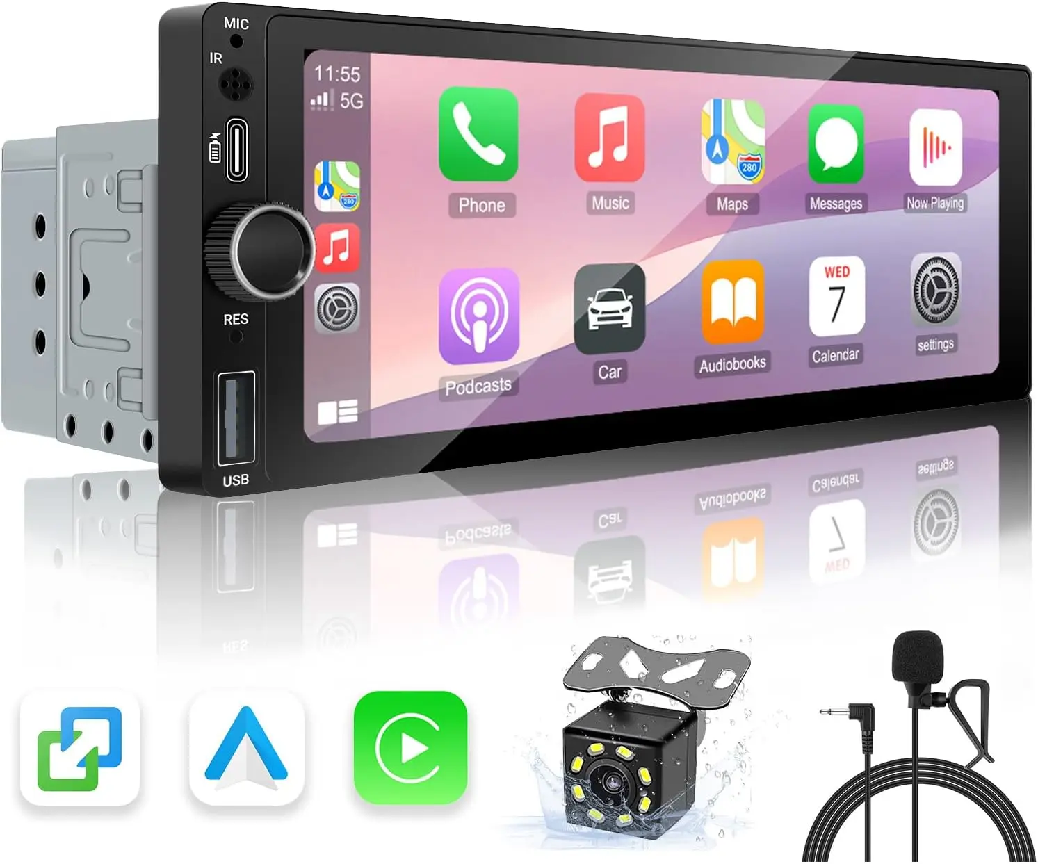 6.86' Car Radio with Wireless CarPlay & Android Auto, Type-C USB, Bluetooth, Backup Camera, Single-Din