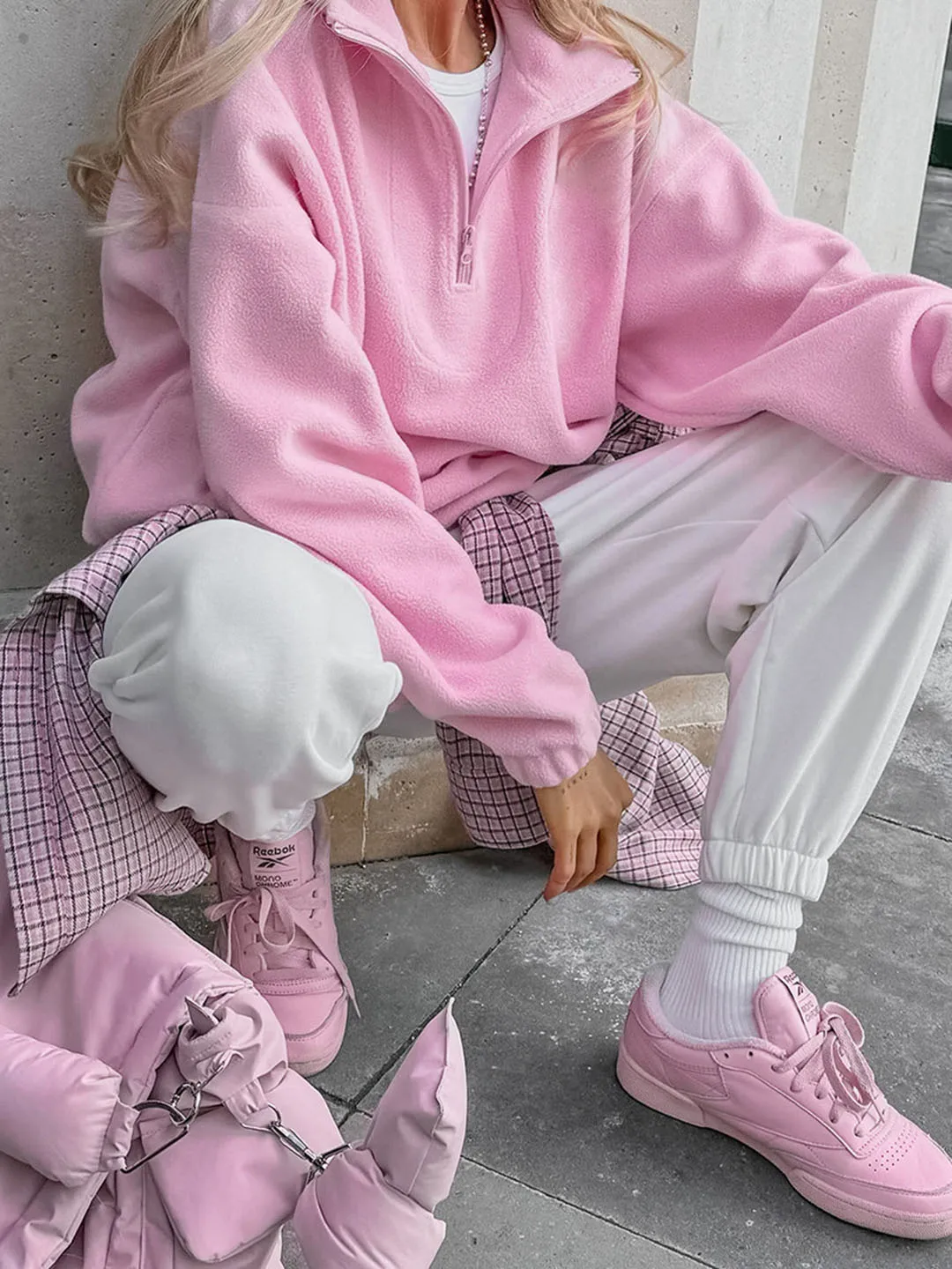 Modischer Sweatshirt mit Stehkragen aus Fleece für Damen, Herbst-Winter, einfarbig, lockerer Pullover, lässige Damenmode, halber Reißverschluss, Streetwear – Detail 15