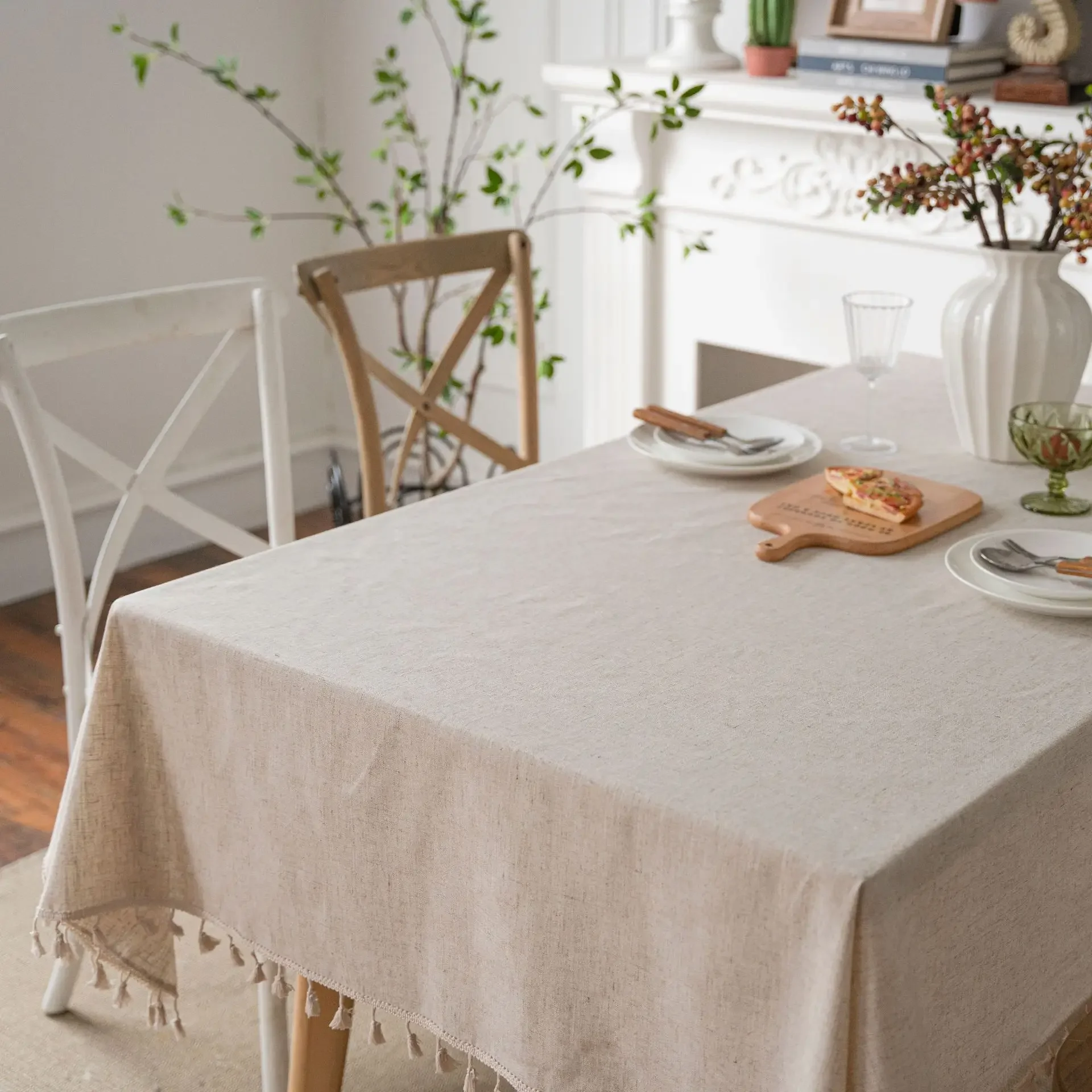 Cotton Linen Tablecloth,Rectangle Tassel,Jute Rope Lace Dust-Proof Table Cover,for Kitchen Dinning Party Tea Table Decor