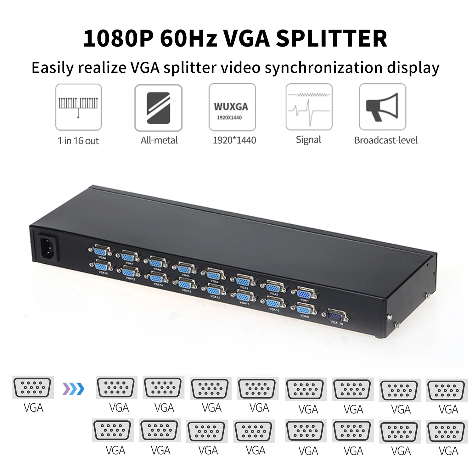 Unnlink-distribuidor de vídeo 1x16 spliter vga, 1 em 16 para computador, pc, laptop, placa gráfica para monitor de tv, projetor, 16 portas