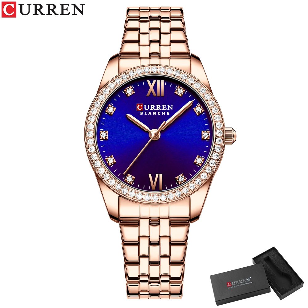 Curren klassische einfache Edelstahl Quarzuhren für Frauen Rose Zifferblatt mit Strass charmante Armbanduhren 4