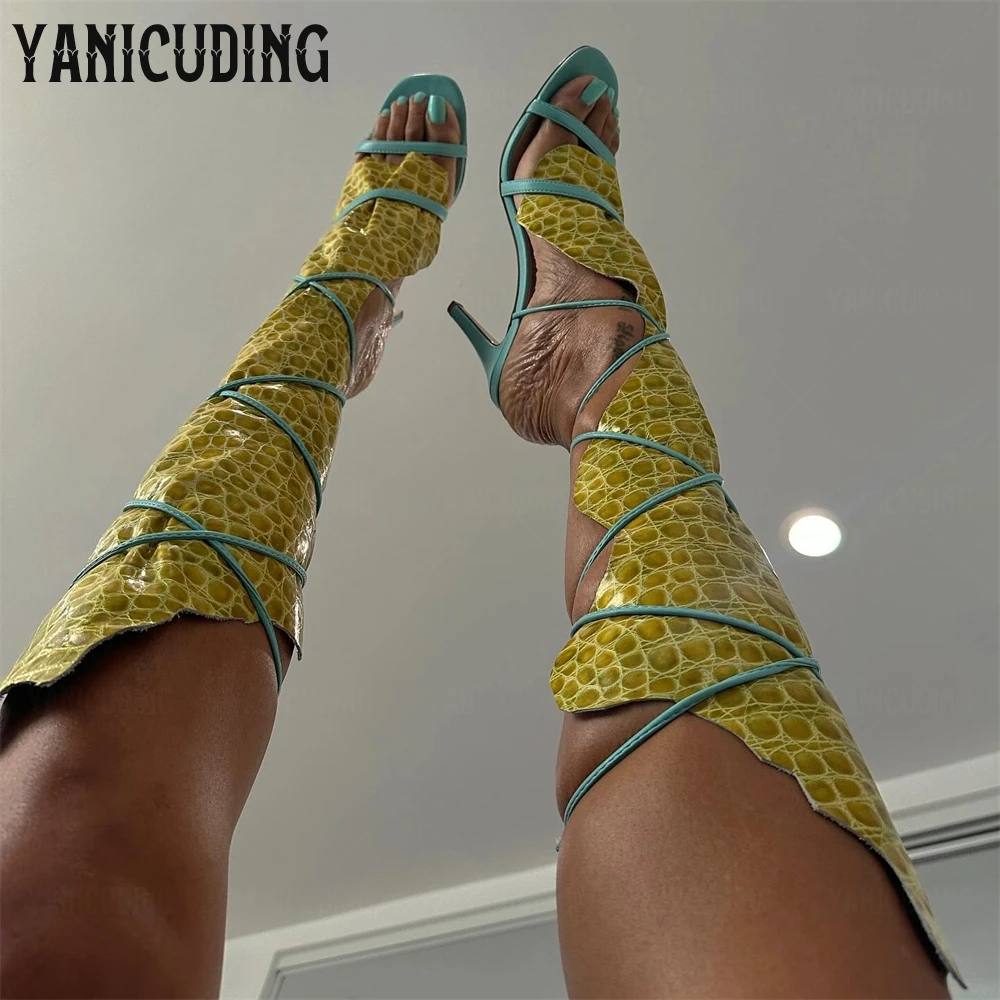 

Blue Hide Lace up Stiletto Sandal Boots Teal Raw Edges Ties Round Open Toe Summer Boots Leather Stitching Strappy Sandals Boots