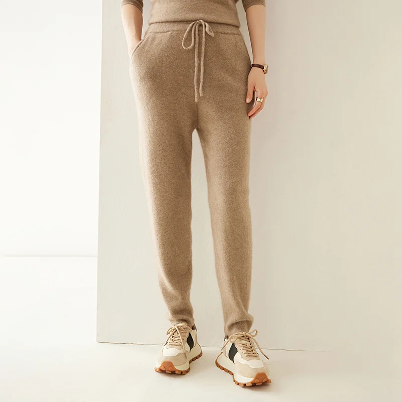 بنطال كشمير نسائي شتوي دافئ محبوك بخصر مطاطي وأربعة أرجل صغيرة مسطحة، سروال ناعم ومريح وعصري #2