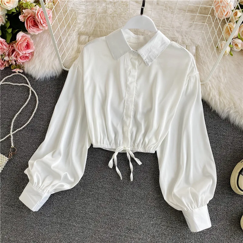 Women's Satin irt ort Slim Fit Long Sve Pure Color Commute Sle  Collar Button Detail Summer New Arrival