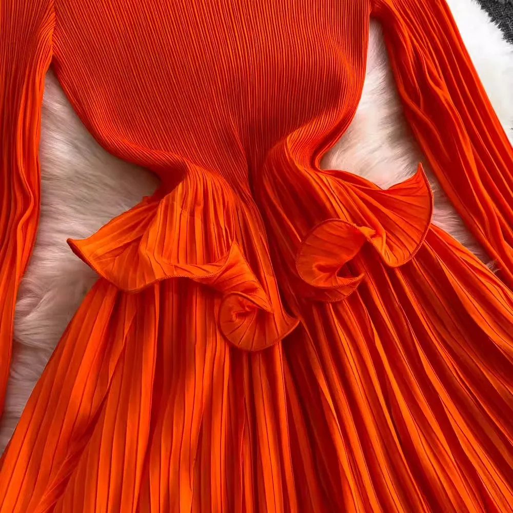Elegant Oversized Long Sleeve Pleated Draped Women O-Neck Ruffles High Sretch Party Robe Vestidos Ladies Spring Summer Clothing