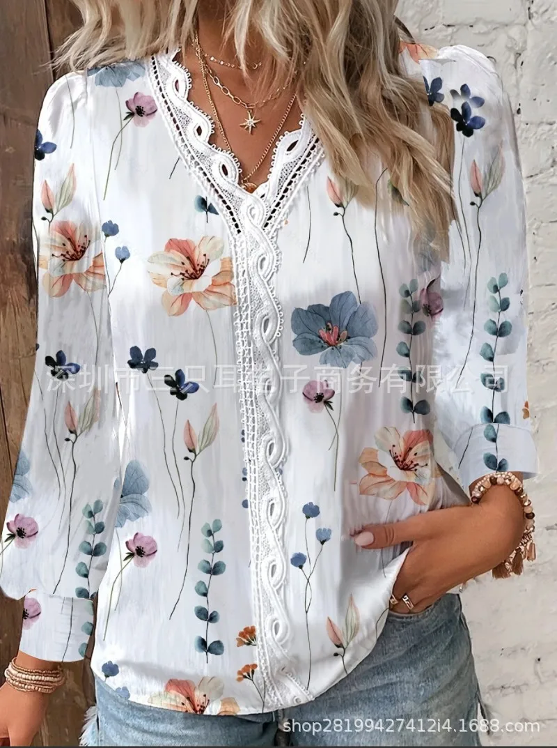 

White Lace Patchwork Shirt Autumn Casual Hollow Out Long Sleeve Shirts For Women 2024 Spring Floral Print Blouse Office Ladies