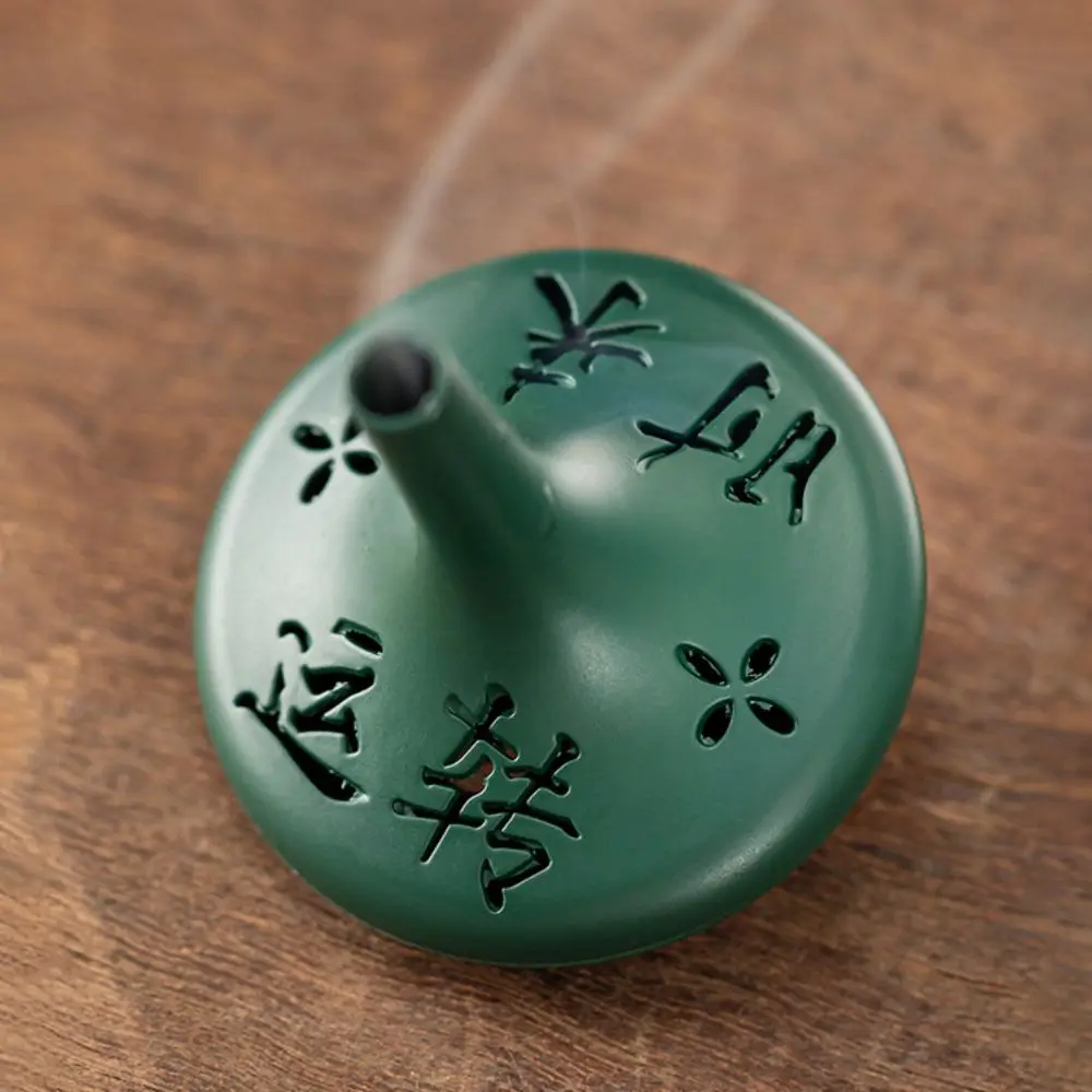 Chinese-style Retro Conical Gyroscope Incense Burner Openwork Calligraphy Zinc Alloy Censer Vertical with Pad Incense Holder
