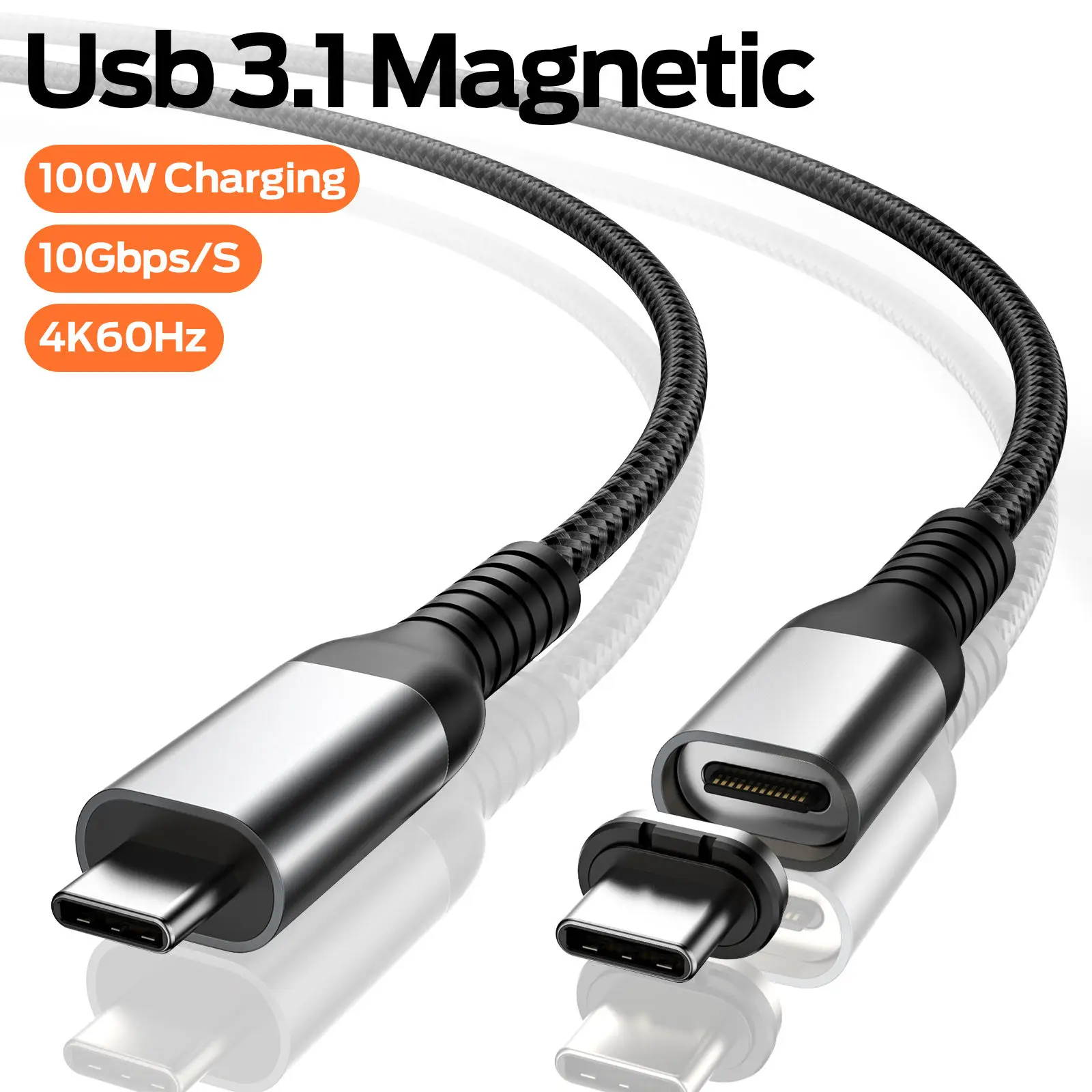 Raytheon 3.1 straight head magnetic suction cable high-speed data transmission type C to USB, 100W magnetic cable nylon braid