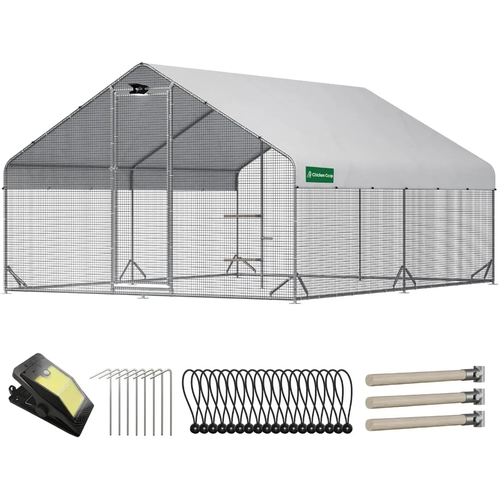 

Large Chicken Coop with Chicken Run & Hardware Cloth, Solar Light, Waterproof & UV-Resistant Cover, Outdoor Poultry Cage