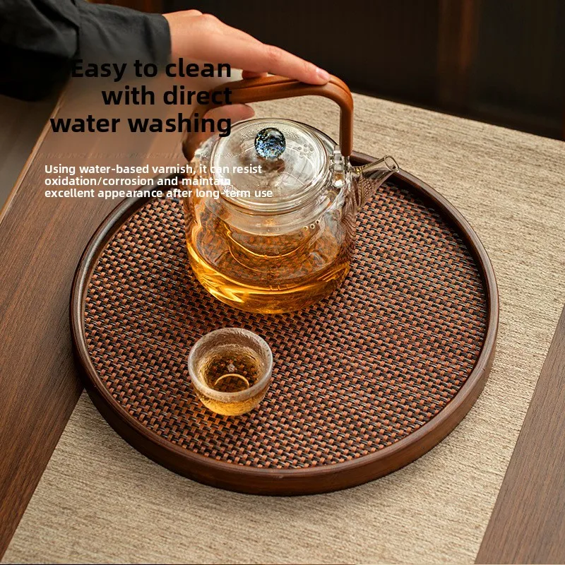 Light luxury retro bamboo tea serving tea point fruit plate walnut round with placemat hospitality tea plate