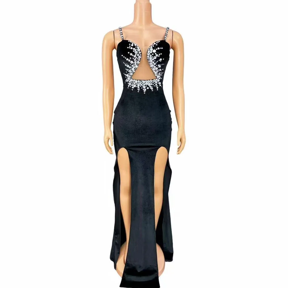 

Sexy Luxury Sparkly Rhinestones Evening Gown High split Suspenders Dress Birthday Party Celebrate Red carpet Fashion Show Outfit