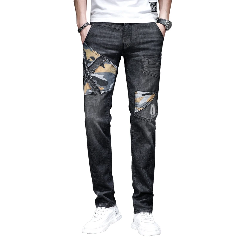 Camouflage Stitching Jeans Men's Motorcycle Style Street Personality Design Slim Fit Skinny Stretch Pants2024New