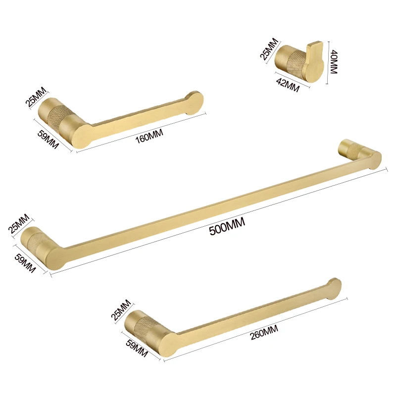 

Brushed Gold High Quality Brass Knurling Towel Rack Towel Bar Toilet Paper Holder Towel Ring Bathrobe Hook Bathroom Hardware Set