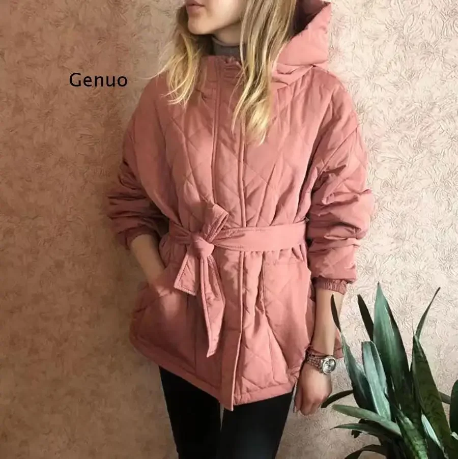 Autumn and Winter Hooded Cotton Jacket Solid Color Warm Coat Top Women\'s Singles Buckle with Belt