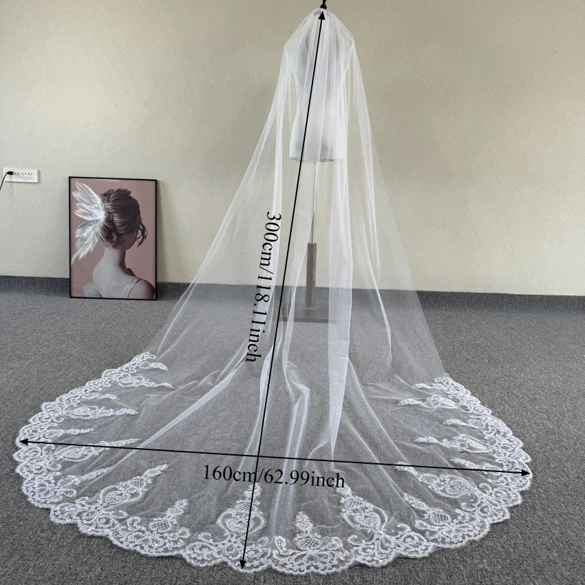 Real shot of wedding veil with diamond floral lace 3 meters soft gauze European and American bridal tiara