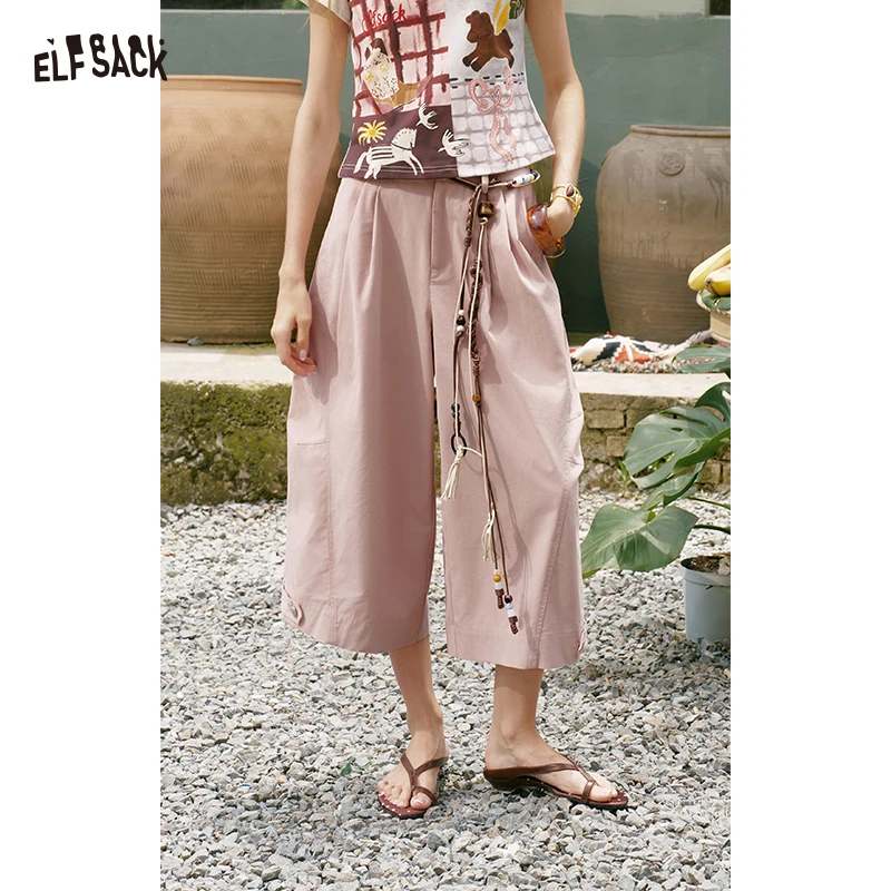 ELFSACK Women's Solid Pleated Wide Leg Cropped Pants, High Waist Button Fly Loose Culotte Trousers for Summer