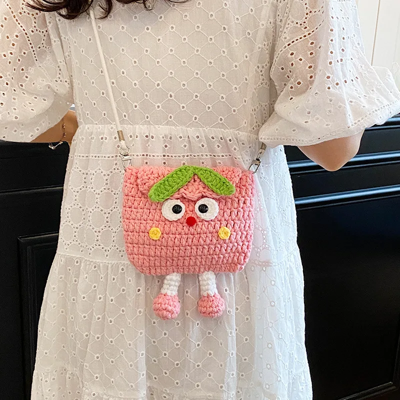 

2025 DIY Knitted Cartoon Doll Backpack Cute Handmade Crochet Shoulder Bag for Girls Outdoor Storage Crossbody Purse