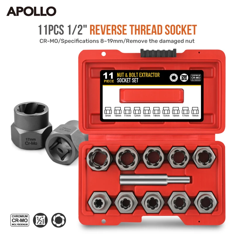 مستخرج صامولة أبولو التالفة/الصدأ، مقبس تأثير الخيط العكسي مع مزيل مضاد للسرقة للإطارات المقطوعة وإصلاح السيارات