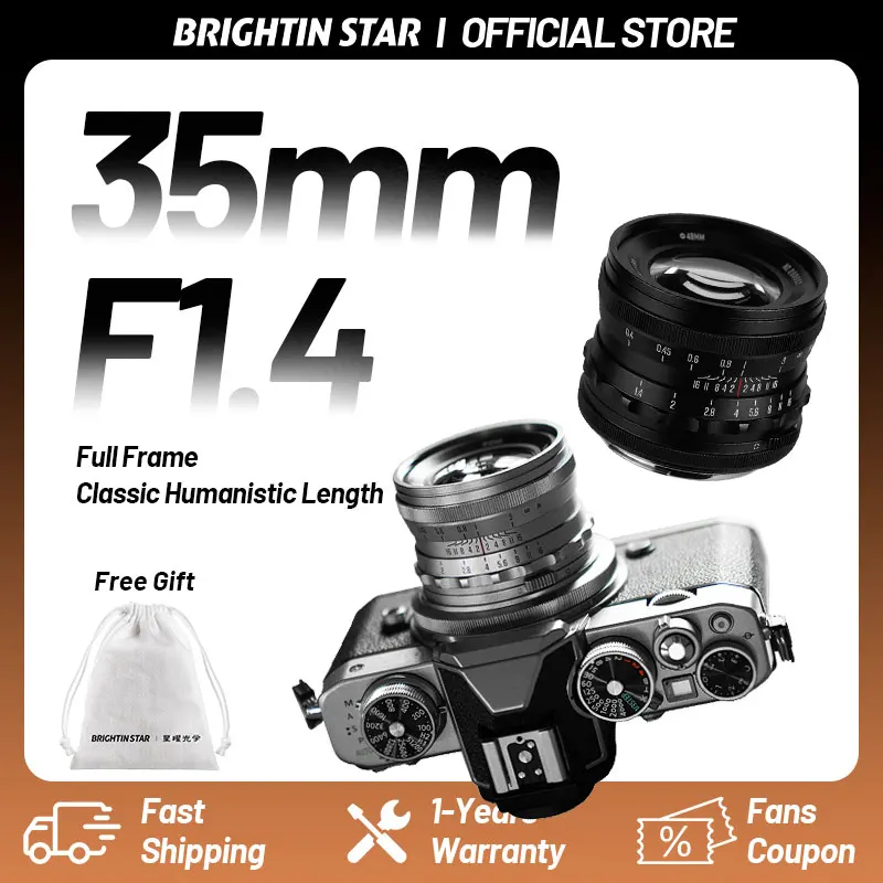 Brightin Star MF 35mm F1.4 lente principal de enfoque Manual de fotograma completo lente de cámaras sin espejo para Sony E ZVE10 A6400 Nikon CanonRF LeicaL