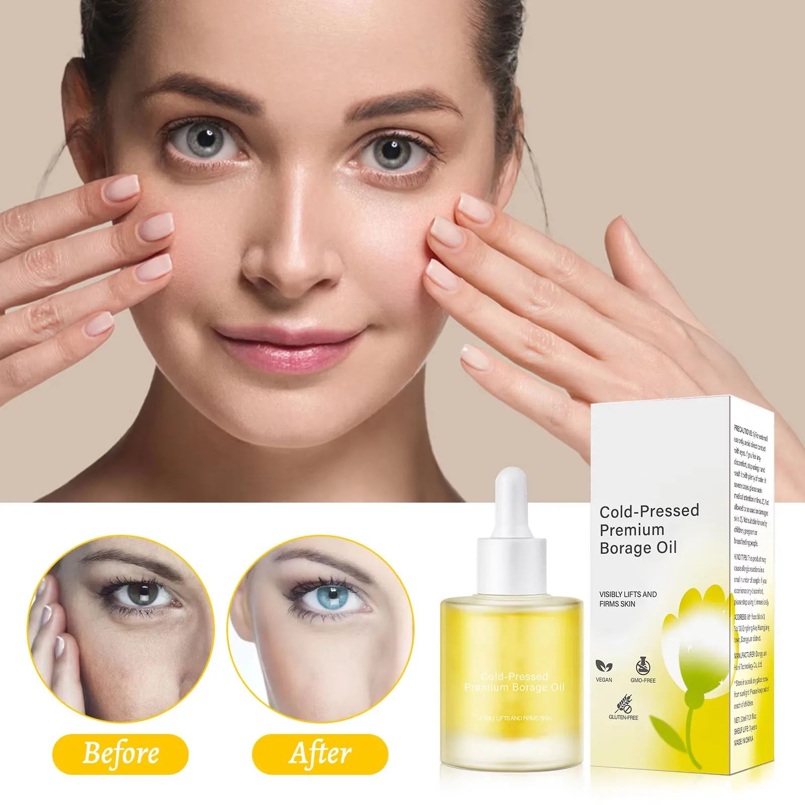 30ml Cold-Pressed Borage Facial Care Oil  for Lifts & Firms Skin, Smooths Wrinkles Repairing Facial Essential Oil