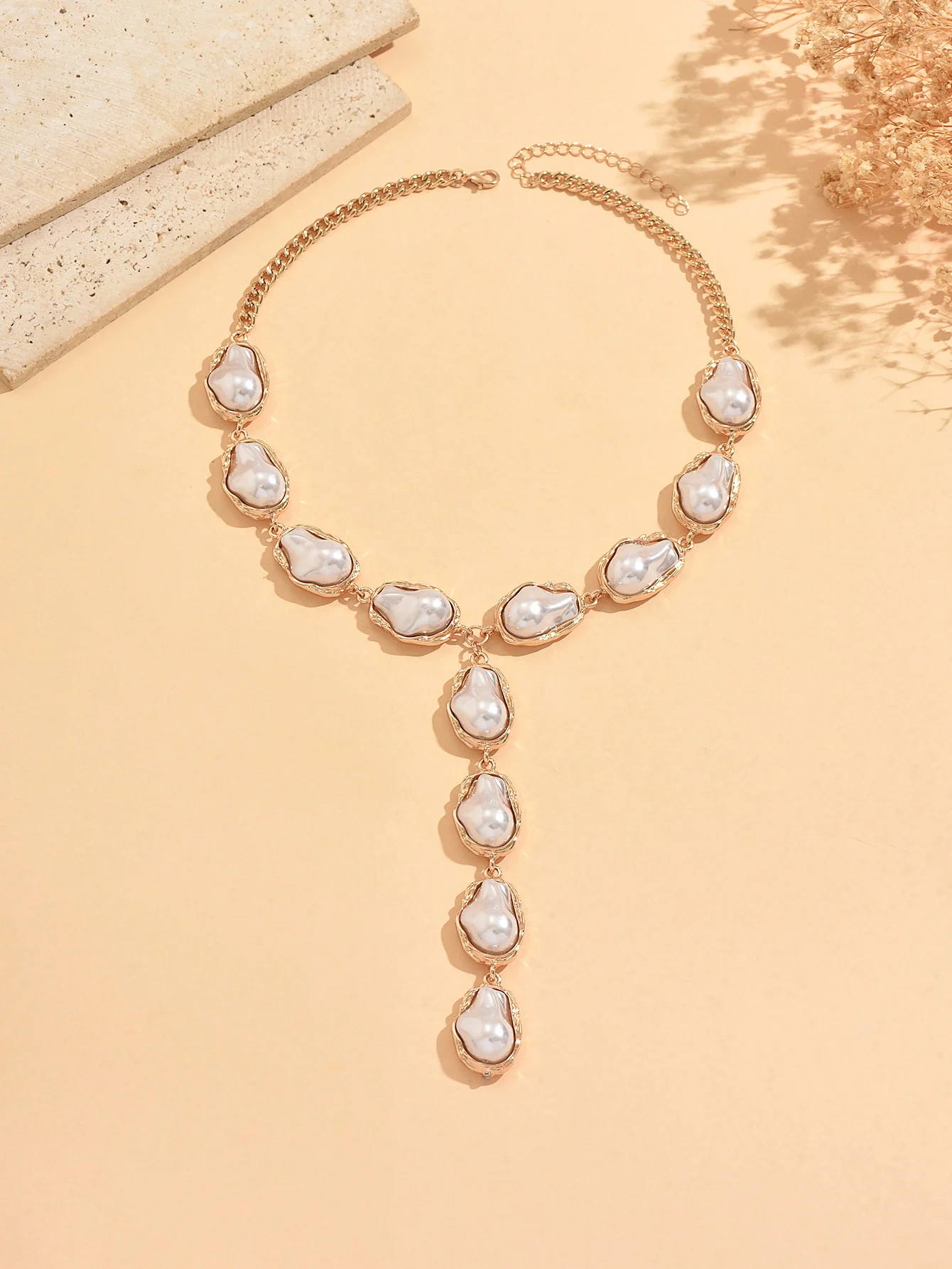 Barocke Kunstperlen-Choker-Halskette Vintage Gold Lange Y-förmige Lariat-Halskette Unregelmäßige Verstellbare Statement-Modeschmuck für Frauen – Detail 8